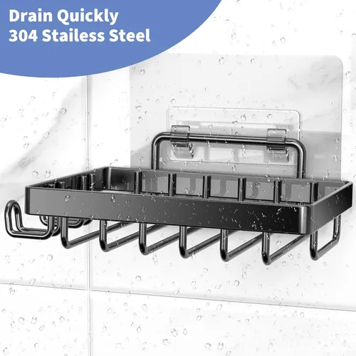 Vista 4 de Moforoco Jabonera negra, soporte para barra de jabón para ducha, accesorios de baño sin perforaciones, soporte de jabón montado en la pared
