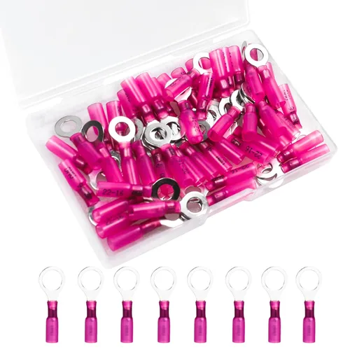 Vista 10 de 50 piezas de conectores de cable termorretráctiles, terminales de anillo impermeables 16-14 AWG, terminales de cable 16-14 AWG de 1/4 pulg. (M6)