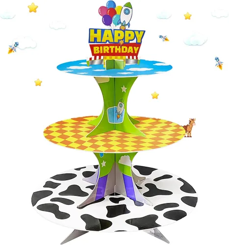 Soporte para cupcakes de 3 niveles de historieta de dibujos animados, soporte de torre de postres para decoración de cumpleaños, suministros de