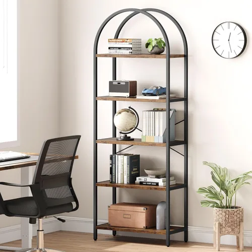 Vista 3 de IDEALHOUSE Bookshelf 5 Tier Bookcase Arched Display Racks Tall Standing Bookshelves Metal Frame Rustic Storage Rack Shelf Brown Book Shelf for