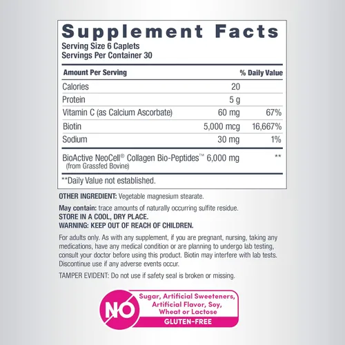 Vista 4 de NeoCell Píldoras de péptidos de colágeno 180 tabletas con vitamina C y biotina bovino alimentado con pasto cabello, piel y uñas