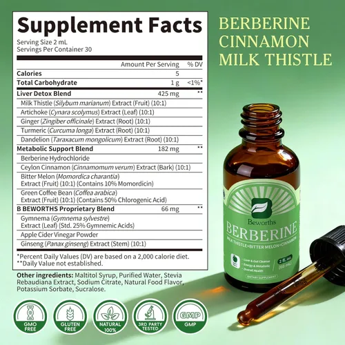 Vista 8 de B BEWORTHS Suplemento HCL de berberina con canela de Ceilán, gotas líquidas de fitosoma de berberina con cúrcuma, canela de Ceilán, melón amargo