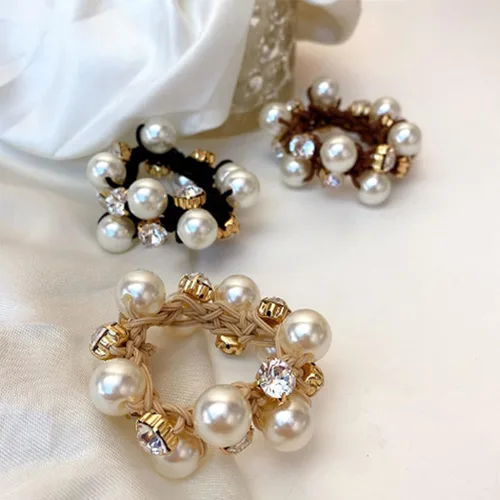 Vista 6 de Lazos para el cabello con diamantes de imitación y perlas para mujeres y niñas, bandas elásticas para el cabello, bandas elásticas para el cabello