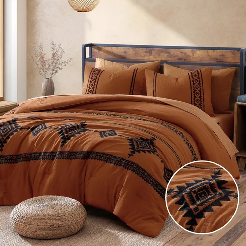 Vista 13 de MaiRêve - Juego de edredón de tamaño completo con bordado, juego de ropa de cama estilo granja occidental boho de 7 piezas, juego de edredón