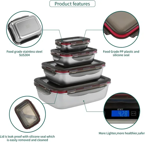 Vista 2 de Recipiente de almacenamiento de alimentos de acero inoxidable con tapas, a prueba de fugas y hermético para cocina, lonchera de preparación