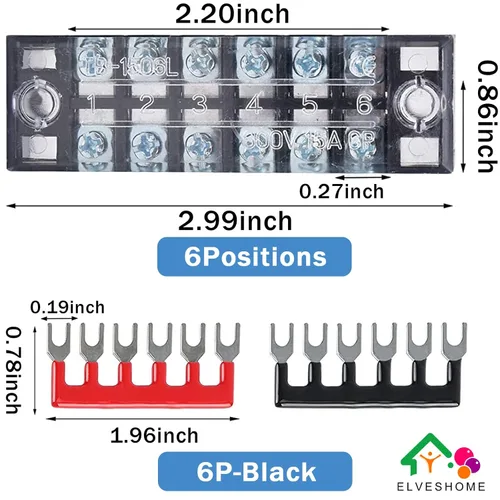 Vista 3 de Bloques de Terminales de 6 Posiciones 12PCS 6 Juegos, Bloque de Terminales de Tornillo de Doble Fila con Barra Colectora Terminal de Cable 600V 15A