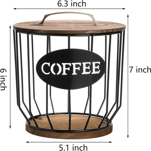 Vista 2 de yarlung Soporte para cápsulas de café con tapa, soporte para tazas K de gran capacidad con base de madera rústica, cesta de almacenamiento de café