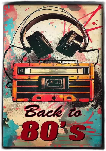 Retro 80s cassette tape canvas art print featuring headphones and bold Back to the 80s typography for vintage music decor and wall display