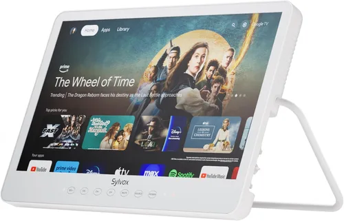 SYLVOX Smart TV portátil de 15.6 pulgadas, televisión de 12 voltios, alimentado por batería de 10000 mAh, IP66, impermeable, altavoces duales
