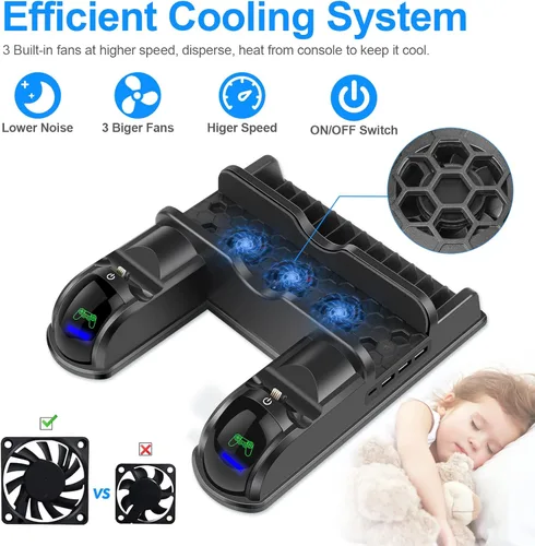 Vista 3 de Estación de ventilador de refrigeración para PS4 para Playstation 4PS4 SlimPS4 Pro, soporte vertical PS4 con puerto de controlador dual, estación