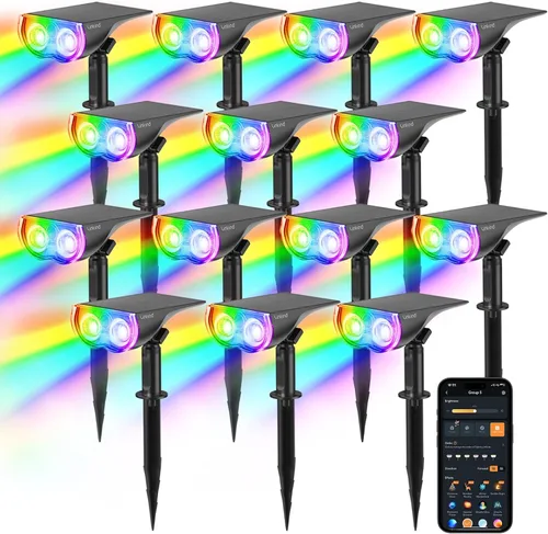 Vista 8 de Linkind - Focos solares para el atardecer hasta el amanecer con 16 luces LED, luces solares e impermeables IP67, luz diurna de 6500 K, luces