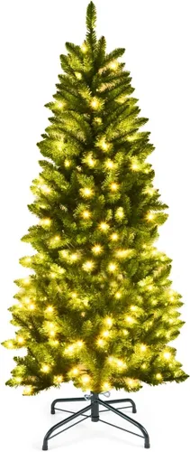 Vista 11 de Goplus Árbol de Navidad preiluminado de 5 pies, árbol de Navidad artificial con bisagras con 200 luces LED de color blanco cálido, 8 modos
