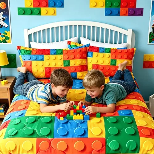 Vista 5 de BlessLiving Ropa de cama de bloques de construcción para niños: juego de edredón de microfibra cepillada suave para todas las estaciones con 2 3