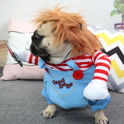 Vista 6 de Chucky - Disfraz divertido de muñeca mortal para perro, disfraz divertido para Halloween, Navidad, ropa de perro, disfraz de fiesta para perros