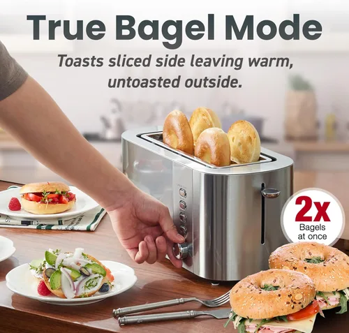Vista 4 de Elite Gourmet ECT4123X Tostadora de 4 Rebanadas de Ranura Larga, Ranuras Extra Anchas de 1.5" y 5.1" de Profundidad, Funciones de Bagel