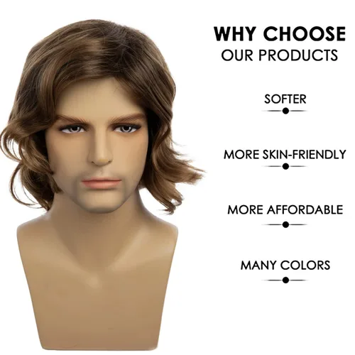 Vista 4 de Peluca marrón corta y rizada para hombre, peluca de repuesto de cabello sintético para fiesta diaria, disfraz de Halloween