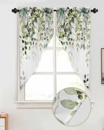 Vista 2 de Cortinas Swag con Cenefas de Hojas Botánicas de Eucalipto, Cortinas de Ventana de Cocina, Acuarela de Hojas de Plantas, Tratamiento para Ventanas