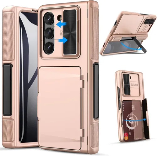 Vista 10 de GBEE Funda para Samsung Galaxy Z Fold 5 con tarjetero, soporte y cubierta para cámara deslizante, protección de bisagra y protector de pantalla
