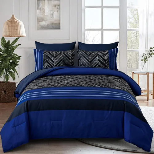 Vista 10 de Luxudecor Juego de edredón negro tamaño Queen, 7 piezas de ropa de cama geométrica a rayas en una bolsa, edredón geométrico y juego de sábanas