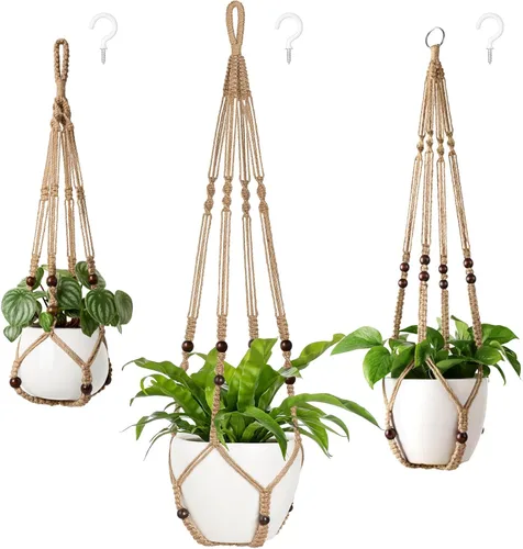 Mkono Paquete de 3 ganchos de macramé para plantas de interior de diferentes tamaños, cesta colgante para macetas con cuentas sin borlas, 43 Marrón
