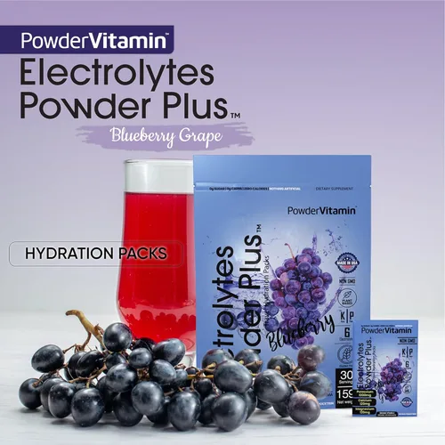 Vista 2 de PowderVitamin Electrolitos en polvo Plus, Keto, uva de arándano, cero azúcar, 1000 mg de potasio, 120 mg de calcio, 120 mg de magnesio, sin OMG