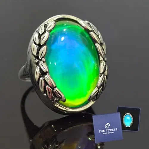 Vista 7 de Anillo de estado de ánimo ovalado de hoja de piedra con cambio de color plateado antiguo, tamaño 6-10 para mujer