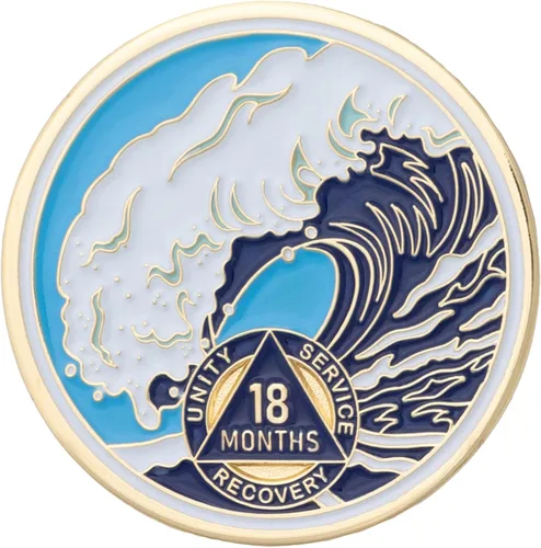 Vista 28 de Moneda AA de 1 año – Medallón de recuperación de ondas estrelladas de Sobriety Mint – azul/blanco/dorado