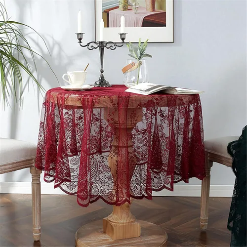 Mantel de encaje rojo bordado elegante con patrones florales, mantel redondo superpuesto para boda, fiesta, vacaciones, cena larga, decoración del