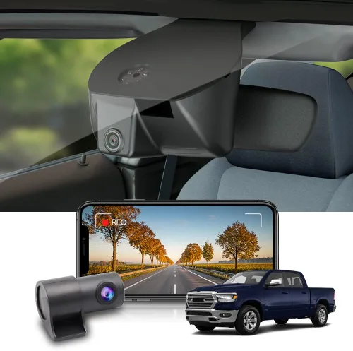 Fitcamx Cámara de tablero dual 2K adecuada para RAM 1500 (modelo A) 2019 2020 2021 2022 2023 2024 Rebel Big Horn Laramie, estilo OEM, video frontal