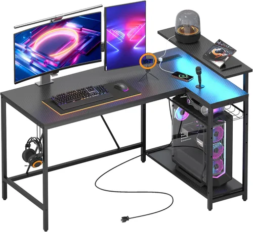 Vista 11 de Bestier Escritorio para juegos de 52 pulgadas con toma de corriente integrada y puertos USB, escritorio para computadora en forma de L con tira LED
