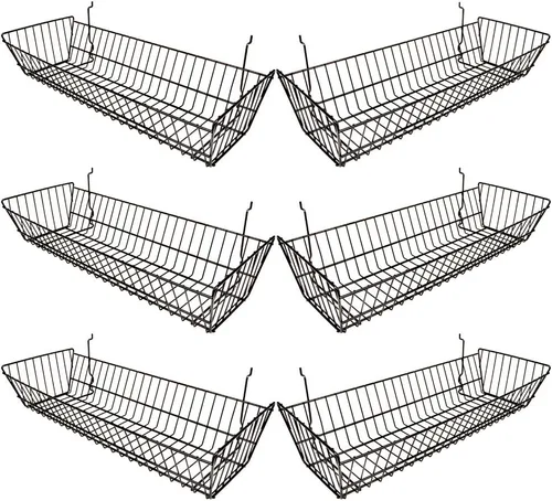 Econoco Cesta negra multiajuste doble inclinado para pared de tableros, rejilla o tablero de clavijas, 6 unidades. - 24 pulgadas de ancho x 10
