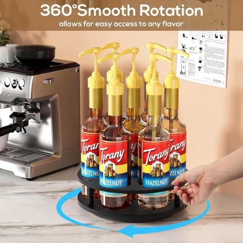 Vista 2 de THYGIFTREE Organizador giratorio de jarabe de café con 7 botellas, soporte de botellas de jarabe de madera para mostrador, soporte para barra