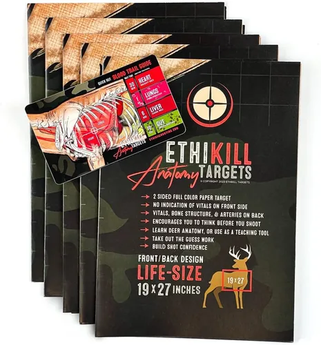 Vista 5 de EthiKill - Objetivo de rango de papel de 2 caras de Deer Vitals para tiro con arco y cazadores de rifles, ilustración de anatomía realista, 19 x 27