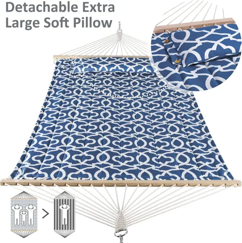 Vista 4 de SUNCREAT Hamaca para dos personas con soporte, capacidad de 475 libras, hamaca portátil para patio con barra separadora de madera dura, almohada