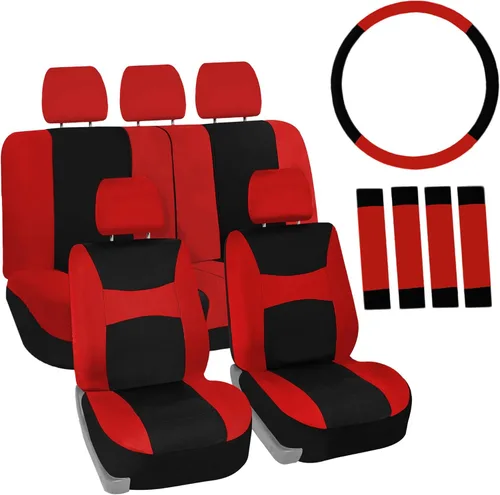 Vista 14 de Juego de fundas de asiento para automóvil, color beige, negro, ajuste universal, con funda para volante y almohadilla para cinturón de seguridad