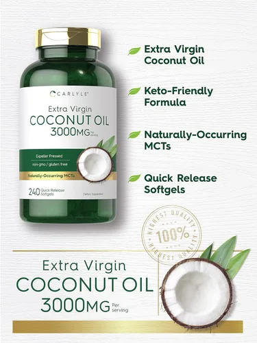 Vista 3 de Carlyle Cápsulas de cápsulas blandas extra virgen de aceite de coco 3000 mg 240 unidades MCT de origen natural Suplemento sin OMG y sin