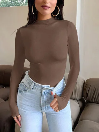 Vista 4 de PINKMSTYLE Camiseta de manga larga con cuello alto falso y doble forro para mujer, ropa interior térmica ajustada para otoño