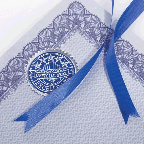 Vista 5 de PaperDirect Sellos de certificado de papel de aluminio azul y dorado en relieve, calcomanías autoadhesivas festoneadas de 2 pulgadas, paquete de 100