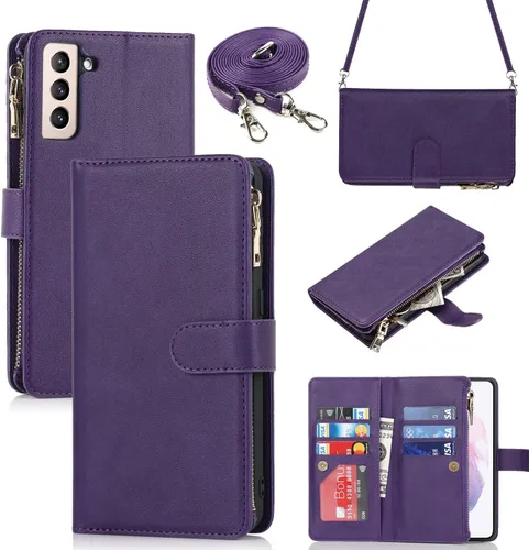 Vista 9 de iCoverCase para Samsung Galaxy S21 Funda tipo cartera con soporte para tarjetas, funda de cuero sintético con función de soporte, cierre magnético