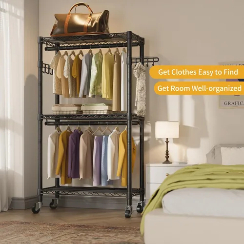Vista 7 de Estante para ropa resistente con ruedas, estante enrollable para prendas, estantes ajustables de alambre de 3 niveles para colgar ropa con barras