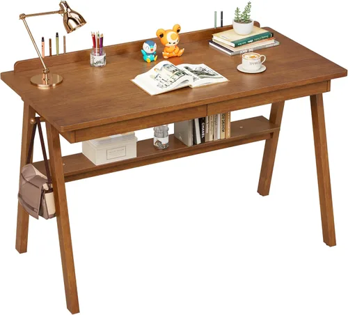 Vista 10 de Escritorio 100% de madera maciza con cajones y estante de almacenamiento, escritorios modernos de mediados de siglo de 40 x 24 pulgadas, escritorio