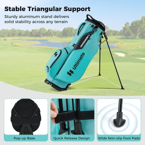 Vista 5 de Bolsa de pie de golf ULTIMATE, bolsa de golf de 8 vías con 5 bolsillos, capucha antilluvia, correa desmontable de doble hombro, almohadilla lumbar