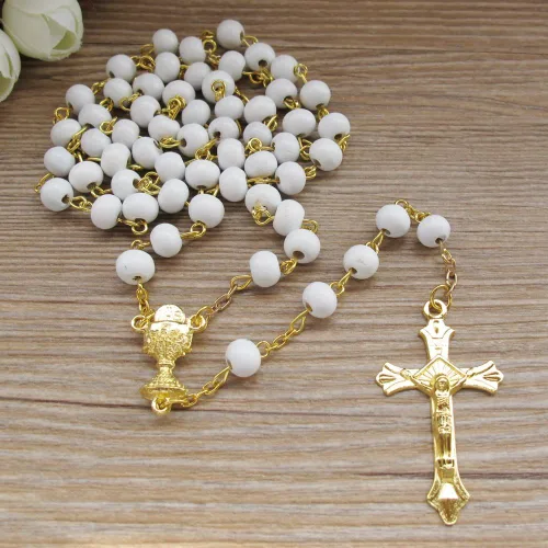 Vista 3 de 12 piezas de rosario de madera para primera comunión con bolsa de regalo, collar rosario de recuerdo para primera, cadena de oro para comunión, Metal