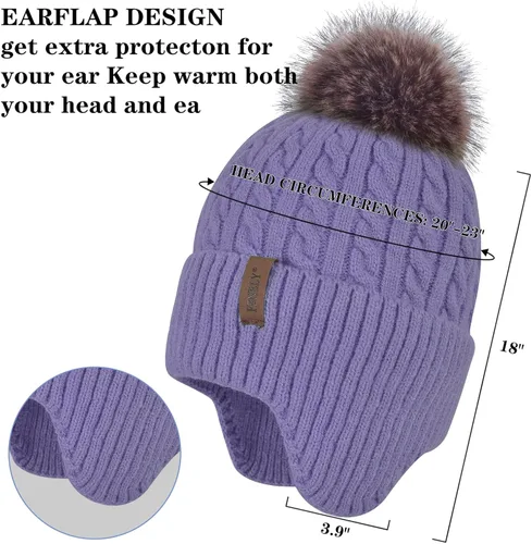 Vista 4 de Gorro de punto con pompón para mujer, gorro de invierno cálido con forro polar para mujer