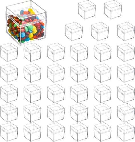 Okllen Paquete de 36 cajas acrílicas con tapa, cubos cuadrados transparentes, cajas de regalo, contenedores de almacenamiento de dulces para dulces,