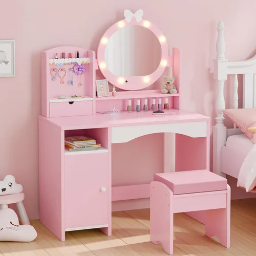 MU Kids Juego de mesa y silla para tocador – Juego de tocador para niñas princesas con espejo, luces, almacenamiento para joyas y taburete Rosa