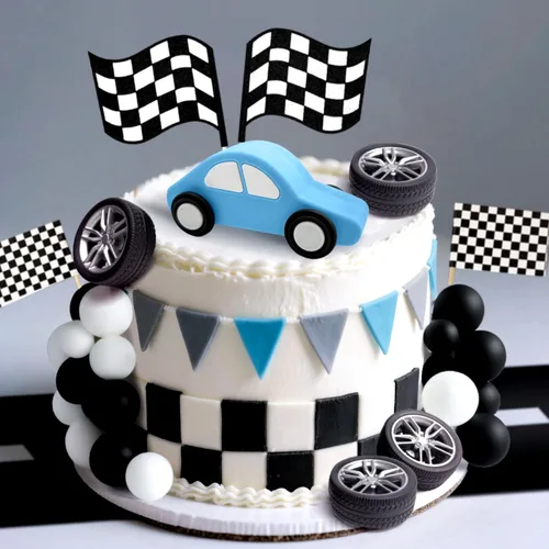 Vista 6 de JeVenis Decoración de pastel de coche de carreras, decoración de pastel de bandera a cuadros, decoración de pastel de crecer dos cumpleaños rápido
