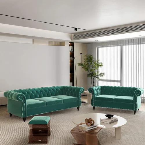 Vista 20 de Juego de 2 piezas para sala de estar, sofá loveseat Chesterfield de terciopelo con silla, brazos enrollados y tachuelas para sala de estar, oficina