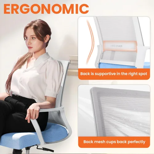 Vista 34 de NEO CHAIR Silla de oficina para videojuegos, silla de computadora ergonómica de malla con respaldo medio con ruedas, soporte lumbar, cómoda, Rosa