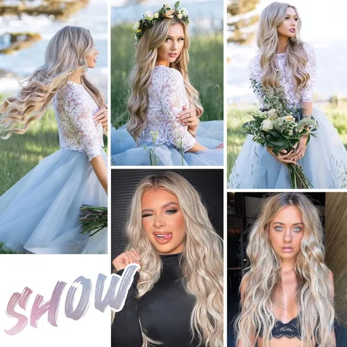 Vista 5 de EMMOR Peluca rubia con encaje frontal, peluca ondulada con raya en medio, peluca sintética resistente al calor